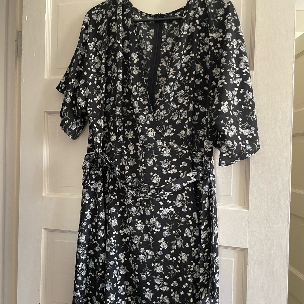 Nasty Gal Maxi Floral Low Neck Line Belt Dress Black with Blue Rose detail
